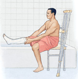 Man with leg cast sitting by the bathtub, protecting the cast from getting wet.